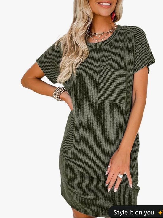 acelitt Dresses & Skirts - Ribbed T-Shirt Dress with Pocket - Olive Green